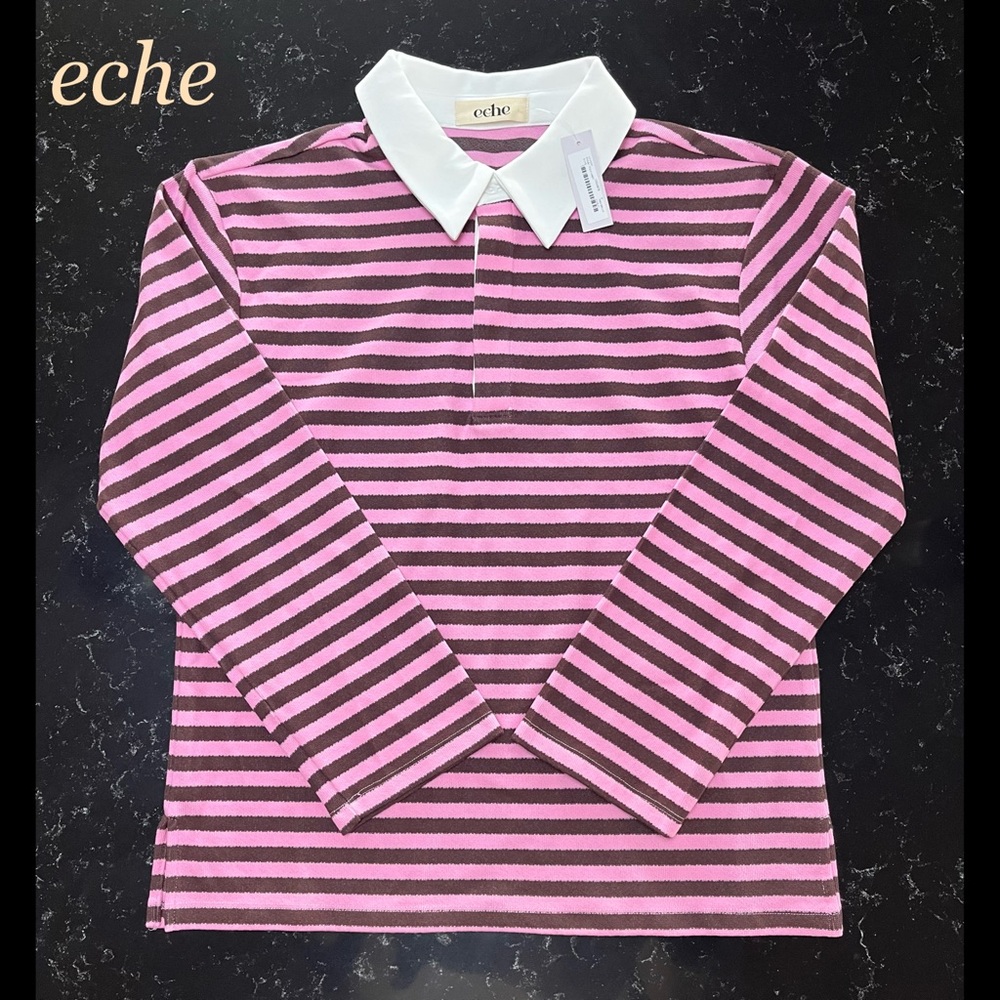 eche by St. Bernard, women’s rugby polo shirt, pink & brown, size m